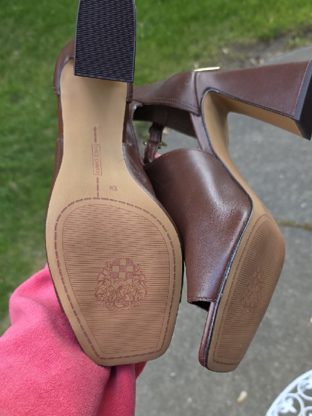 Vince Camuto Chocolate Brown Open-Toe Buckle Block Heels - Picture 2 of 3